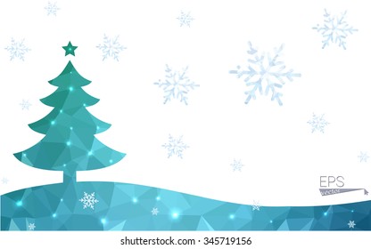 Blue postcard low polygon style christmas tree vector illustration consisting of triangles.Abstract triangular polygonal origami or crystal design of New Years celebration.Isolated on white background