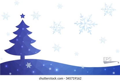 Blue postcard low polygon style christmas tree vector illustration consisting of triangles.Abstract triangular polygonal origami or crystal design of New Years celebration.Isolated on white background