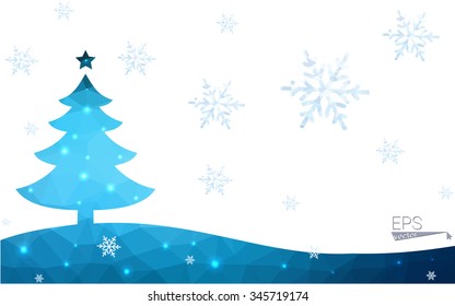Blue postcard low polygon style christmas tree vector illustration consisting of triangles.Abstract triangular polygonal origami or crystal design of New Years celebration.Isolated on white background