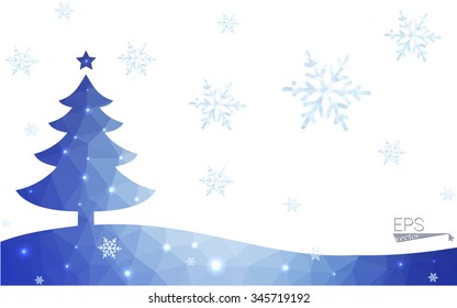 Blue postcard low polygon style christmas tree vector illustration consisting of triangles.Abstract triangular polygonal origami or crystal design of New Years celebration.Isolated on white background