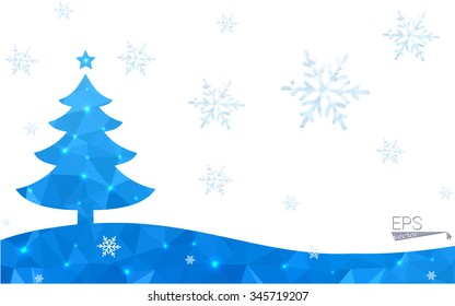 Blue postcard low polygon style christmas tree vector illustration consisting of triangles.Abstract triangular polygonal origami or crystal design of New Years celebration.Isolated on white background