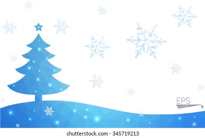 Blue postcard low polygon style christmas tree vector illustration consisting of triangles.Abstract triangular polygonal origami or crystal design of New Years celebration.Isolated on white background