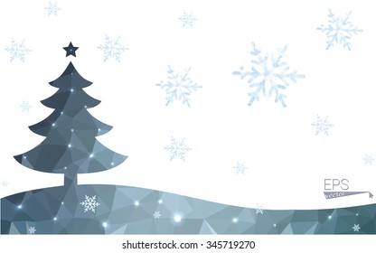 Blue postcard low polygon style christmas tree vector illustration consisting of triangles.Abstract triangular polygonal origami or crystal design of New Years celebration.Isolated on white background