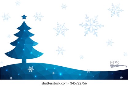 Blue postcard low polygon style christmas tree vector illustration consisting of triangles.Abstract triangular polygonal origami or crystal design of New Years celebration.Isolated on white background