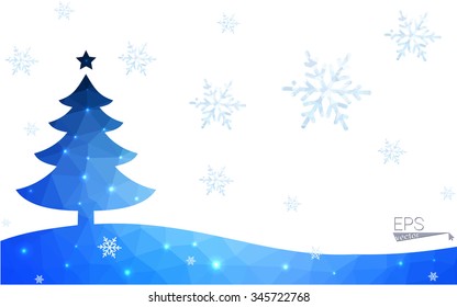 Blue postcard low polygon style christmas tree vector illustration consisting of triangles.Abstract triangular polygonal origami or crystal design of New Years celebration.Isolated on white background