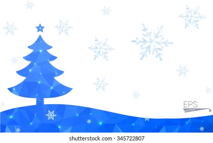 Blue postcard low polygon style christmas tree vector illustration consisting of triangles.Abstract triangular polygonal origami or crystal design of New Years celebration.Isolated on white background