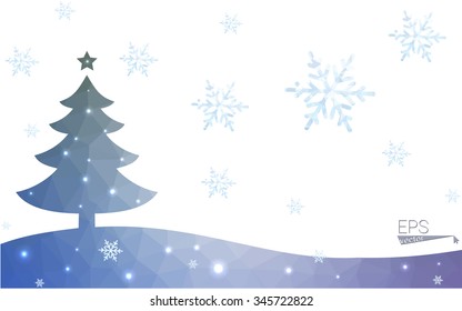 Blue postcard low polygon style christmas tree vector illustration consisting of triangles.Abstract triangular polygonal origami or crystal design of New Years celebration.Isolated on white background