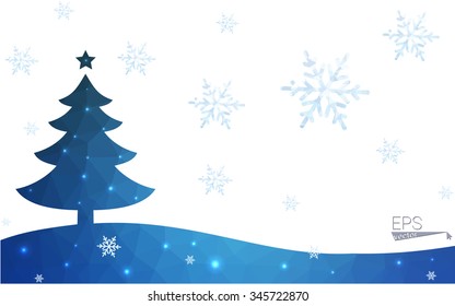 Blue postcard low polygon style christmas tree vector illustration consisting of triangles.Abstract triangular polygonal origami or crystal design of New Years celebration.Isolated on white background