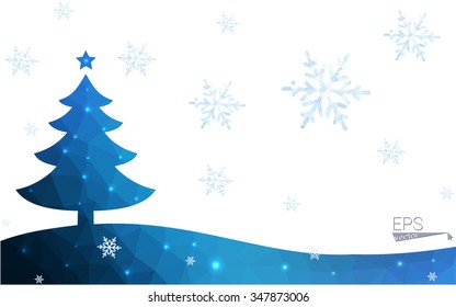 Blue postcard low polygon style christmas tree vector illustration consisting of triangles.Abstract triangular polygonal origami or crystal design of New Years celebration.Isolated on white background