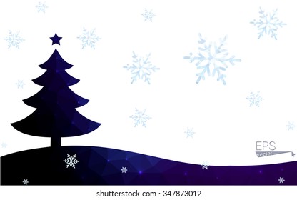 Blue postcard low polygon style christmas tree vector illustration consisting of triangles.Abstract triangular polygonal origami or crystal design of New Years celebration.Isolated on white background