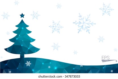 Blue postcard low polygon style christmas tree vector illustration consisting of triangles.Abstract triangular polygonal origami or crystal design of New Years celebration.Isolated on white background