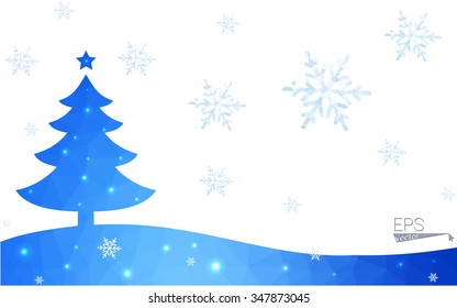 Blue postcard low polygon style christmas tree vector illustration consisting of triangles.Abstract triangular polygonal origami or crystal design of New Years celebration.Isolated on white background