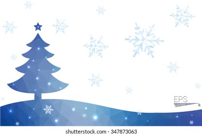 Blue postcard low polygon style christmas tree vector illustration consisting of triangles.Abstract triangular polygonal origami or crystal design of New Years celebration.Isolated on white background