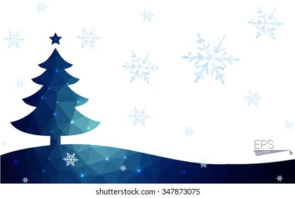 Blue postcard low polygon style christmas tree vector illustration consisting of triangles.Abstract triangular polygonal origami or crystal design of New Years celebration.Isolated on white background