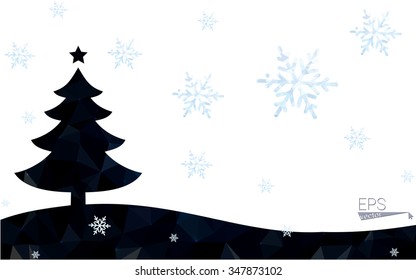 Blue postcard low polygon style christmas tree vector illustration consisting of triangles.Abstract triangular polygonal origami or crystal design of New Years celebration.Isolated on white background