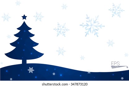 Blue postcard low polygon style christmas tree vector illustration consisting of triangles.Abstract triangular polygonal origami or crystal design of New Years celebration.Isolated on white background