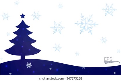 Blue postcard low polygon style christmas tree vector illustration consisting of triangles.Abstract triangular polygonal origami or crystal design of New Years celebration.Isolated on white background