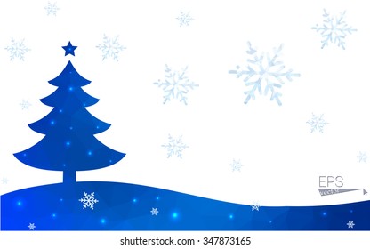 Blue postcard low polygon style christmas tree vector illustration consisting of triangles.Abstract triangular polygonal origami or crystal design of New Years celebration.Isolated on white background