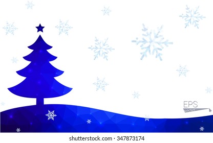 Blue postcard low polygon style christmas tree vector illustration consisting of triangles.Abstract triangular polygonal origami or crystal design of New Years celebration.Isolated on white background