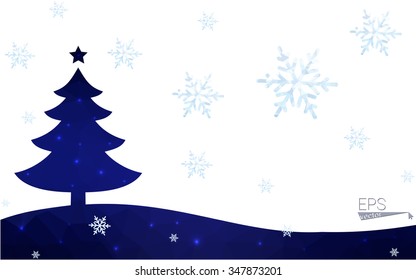 Blue postcard low polygon style christmas tree vector illustration consisting of triangles.Abstract triangular polygonal origami or crystal design of New Years celebration.Isolated on white background