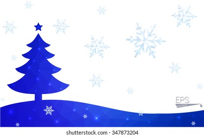 Blue postcard low polygon style christmas tree vector illustration consisting of triangles.Abstract triangular polygonal origami or crystal design of New Years celebration.Isolated on white background