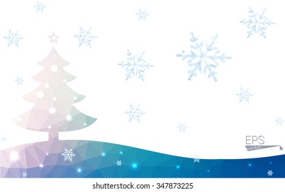 Blue postcard low polygon style christmas tree vector illustration consisting of triangles.Abstract triangular polygonal origami or crystal design of New Years celebration.Isolated on white background