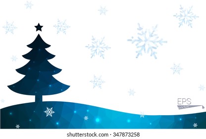 Blue postcard low polygon style christmas tree vector illustration consisting of triangles.Abstract triangular polygonal origami or crystal design of New Years celebration.Isolated on white background