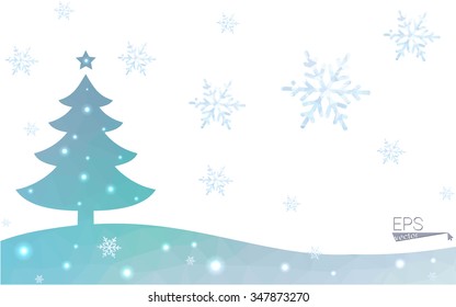 Blue postcard low polygon style christmas tree vector illustration consisting of triangles.Abstract triangular polygonal origami or crystal design of New Years celebration.Isolated on white background
