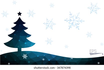 Blue postcard low polygon style christmas tree vector illustration consisting of triangles.Abstract triangular polygonal origami or crystal design of New Years celebration.Isolated on white background