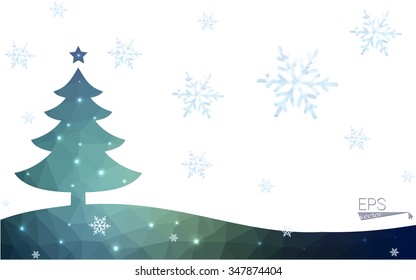 Blue postcard low polygon style christmas tree vector illustration consisting of triangles.Abstract triangular polygonal origami or crystal design of New Years celebration.Isolated on white background