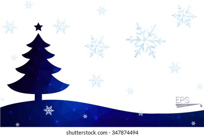 Blue postcard low polygon style christmas tree vector illustration consisting of triangles.Abstract triangular polygonal origami or crystal design of New Years celebration.Isolated on white background