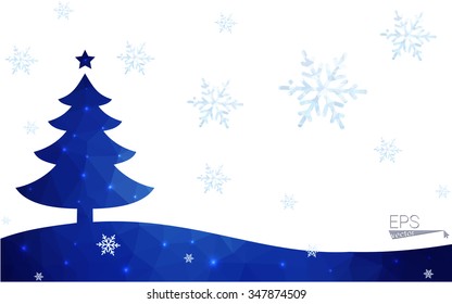 Blue postcard low polygon style christmas tree vector illustration consisting of triangles.Abstract triangular polygonal origami or crystal design of New Years celebration.Isolated on white background