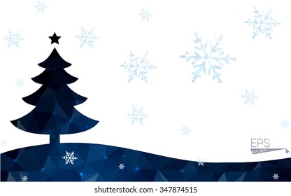 Blue postcard low polygon style christmas tree vector illustration consisting of triangles.Abstract triangular polygonal origami or crystal design of New Years celebration.Isolated on white background