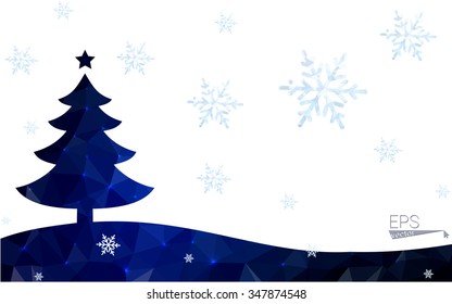 Blue postcard low polygon style christmas tree vector illustration consisting of triangles.Abstract triangular polygonal origami or crystal design of New Years celebration.Isolated on white background