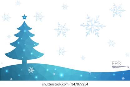 Blue postcard low polygon style christmas tree vector illustration consisting of triangles.Abstract triangular polygonal origami or crystal design of New Years celebration.Isolated on white background