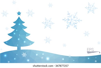 Blue postcard low polygon style christmas tree vector illustration consisting of triangles.Abstract triangular polygonal origami or crystal design of New Years celebration.Isolated on white background