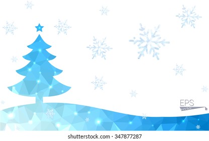 Blue postcard low polygon style christmas tree vector illustration consisting of triangles.Abstract triangular polygonal origami or crystal design of New Years celebration.Isolated on white background