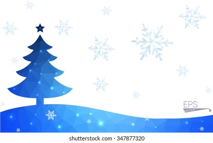 Blue postcard low polygon style christmas tree vector illustration consisting of triangles.Abstract triangular polygonal origami or crystal design of New Years celebration.Isolated on white background