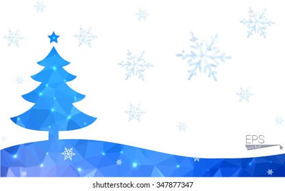Blue postcard low polygon style christmas tree vector illustration consisting of triangles.Abstract triangular polygonal origami or crystal design of New Years celebration.Isolated on white background