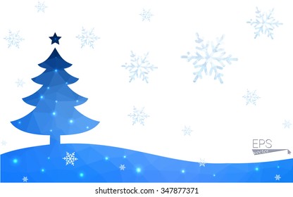 Blue postcard low polygon style christmas tree vector illustration consisting of triangles.Abstract triangular polygonal origami or crystal design of New Years celebration.Isolated on white background