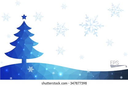 Blue postcard low polygon style christmas tree vector illustration consisting of triangles.Abstract triangular polygonal origami or crystal design of New Years celebration.Isolated on white background