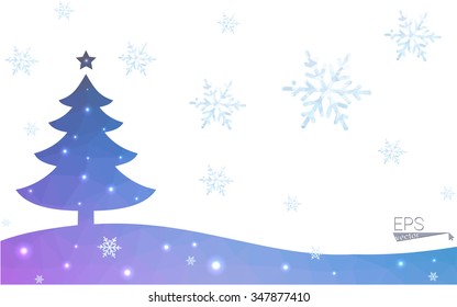 Blue postcard low polygon style christmas tree vector illustration consisting of triangles.Abstract triangular polygonal origami or crystal design of New Years celebration.Isolated on white background