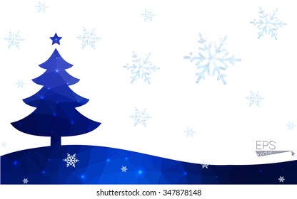 Blue postcard low polygon style christmas tree vector illustration consisting of triangles.Abstract triangular polygonal origami or crystal design of New Years celebration.Isolated on white background