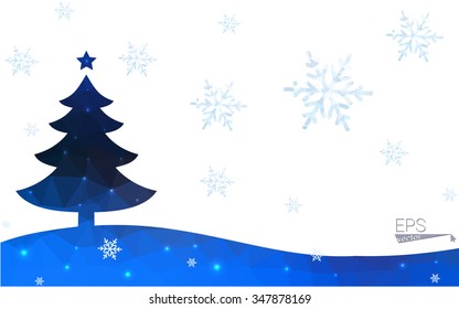Blue postcard low polygon style christmas tree vector illustration consisting of triangles.Abstract triangular polygonal origami or crystal design of New Years celebration.Isolated on white background