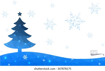 Blue postcard low polygon style christmas tree vector illustration consisting of triangles.Abstract triangular polygonal origami or crystal design of New Years celebration.Isolated on white background