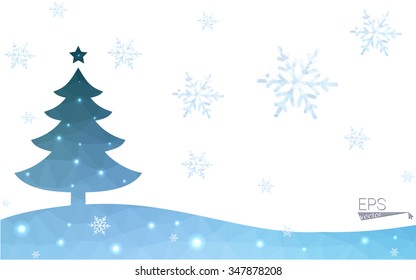 Blue postcard low polygon style christmas tree vector illustration consisting of triangles.Abstract triangular polygonal origami or crystal design of New Years celebration.Isolated on white background