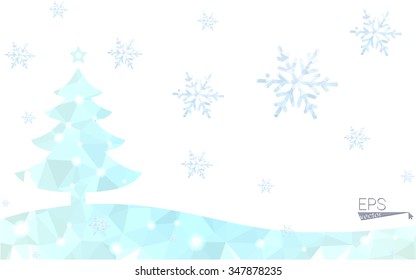 Blue postcard low polygon style christmas tree vector illustration consisting of triangles.Abstract triangular polygonal origami or crystal design of New Years celebration.Isolated on white background