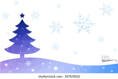 Blue postcard low polygon style christmas tree vector illustration consisting of triangles.Abstract triangular polygonal origami or crystal design of New Years celebration.Isolated on white background