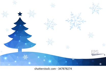 Blue postcard low polygon style christmas tree vector illustration consisting of triangles.Abstract triangular polygonal origami or crystal design of New Years celebration.Isolated on white background