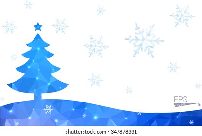 Blue postcard low polygon style christmas tree vector illustration consisting of triangles.Abstract triangular polygonal origami or crystal design of New Years celebration.Isolated on white background